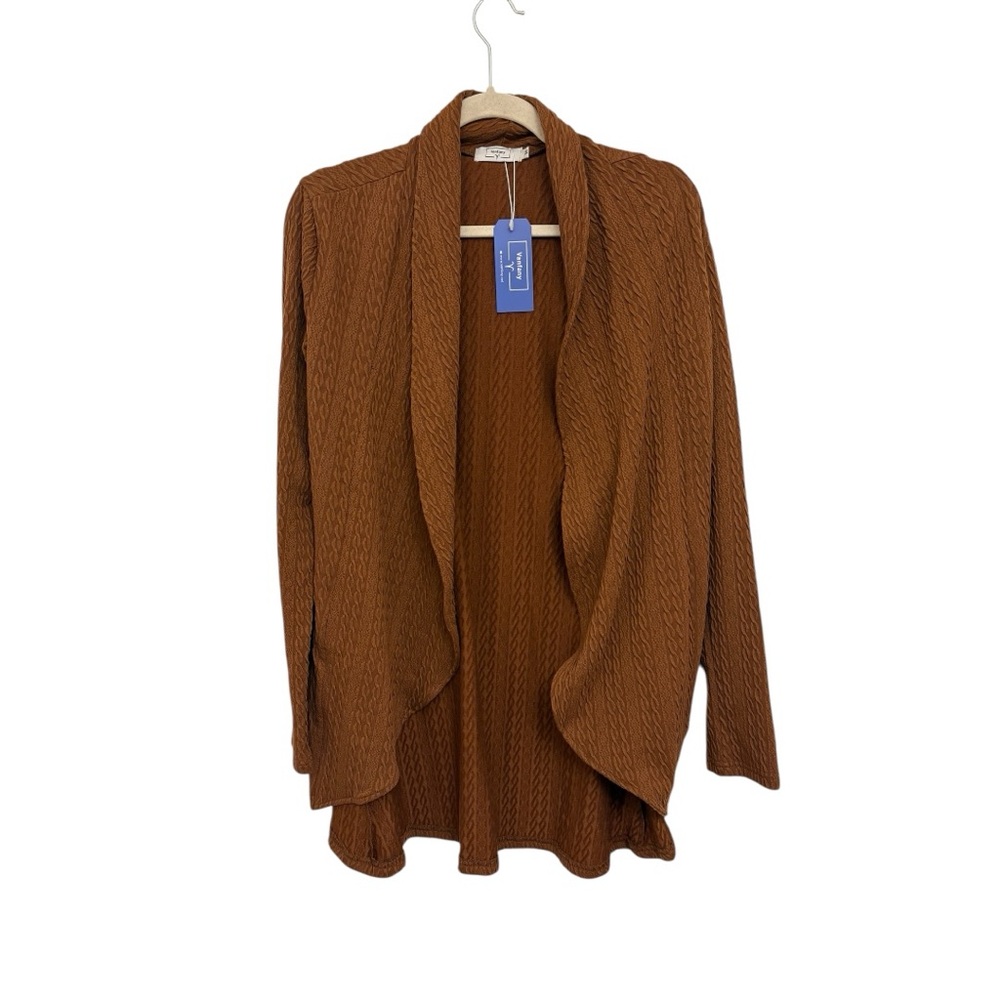 Brown Open Front Knit Cardigan Sweater Boho Casual Cozy Layering Medium NWT